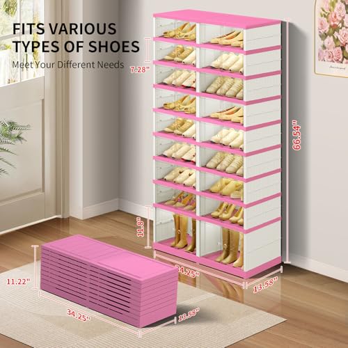 Image of CIMLORD 9-Tier Foldable Shoe Rack Organizer with Door, 36 Pairs, White-Pink | Collapsible Large Shoe Rack for 36 Pairs, Fits Boots, Wide Stackable, Clear Door, Lidded Boxes, Easy Assembly, for Closet