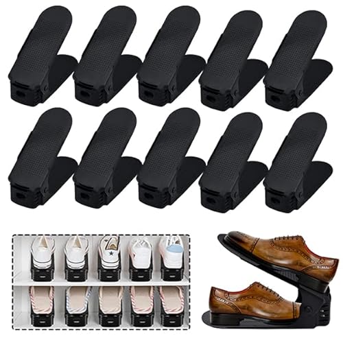YUENFONG Einstellbare Schuhregale 10 Stück Verstellbarer Schuhhalter, 3 höhenverstellbar Rutschfest Kunststoff Schuhstapler, für Schuh-Organizer Schrank Regal, Schwarz Cover
