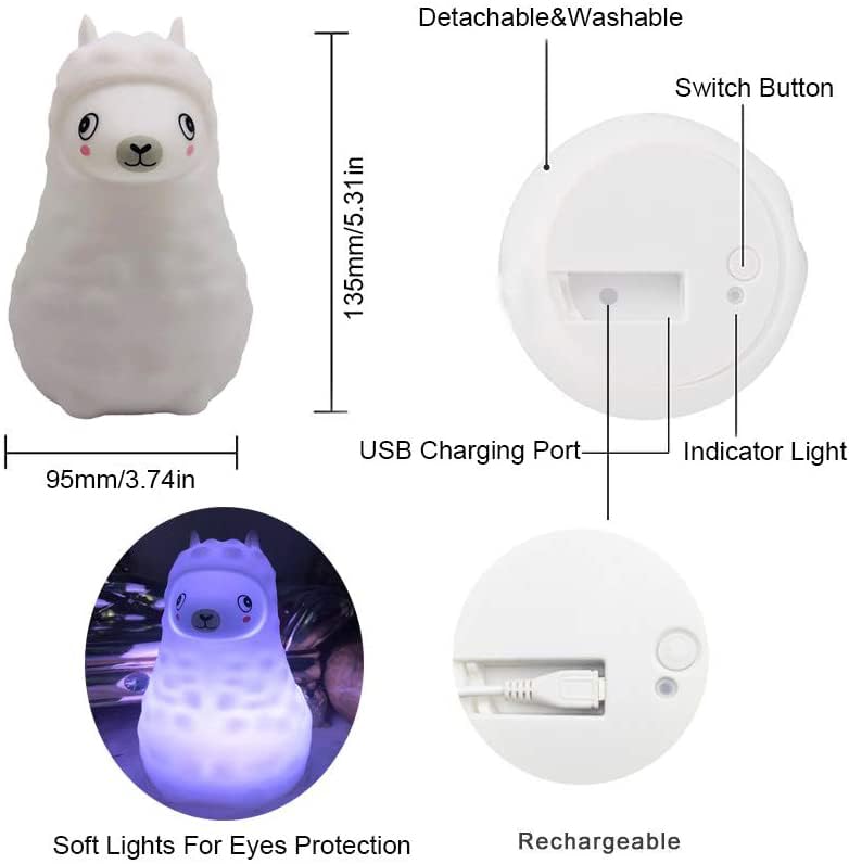 Image of Animal Alpaca Kids Night Light, Children's Room LED Bedside Lamp, Rechargeable Soft Silicone Light, Adjustable Brightness and Colors, Compatible with Touch Control & Remote Control