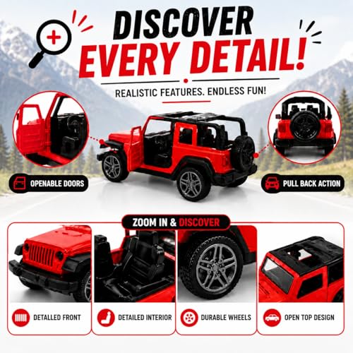 Image of Braintastic Model Diecast Car Toy Vehicle Pull Back Friction with Openable Doors Light & Music Toys for Kids Age 3+ Years (Thar Jeep Small Red)