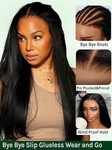 Image of KLAIYI Bye Bye Slip Yaki Straight 7X5 Pre Cut Lace Front Human Hair Wig Drawstring Glueless 30S Ready to Wear and Go Wig with Baby Hair Pre Plucked Bleached Knots Beginner Wigs for Black Women 22Inch