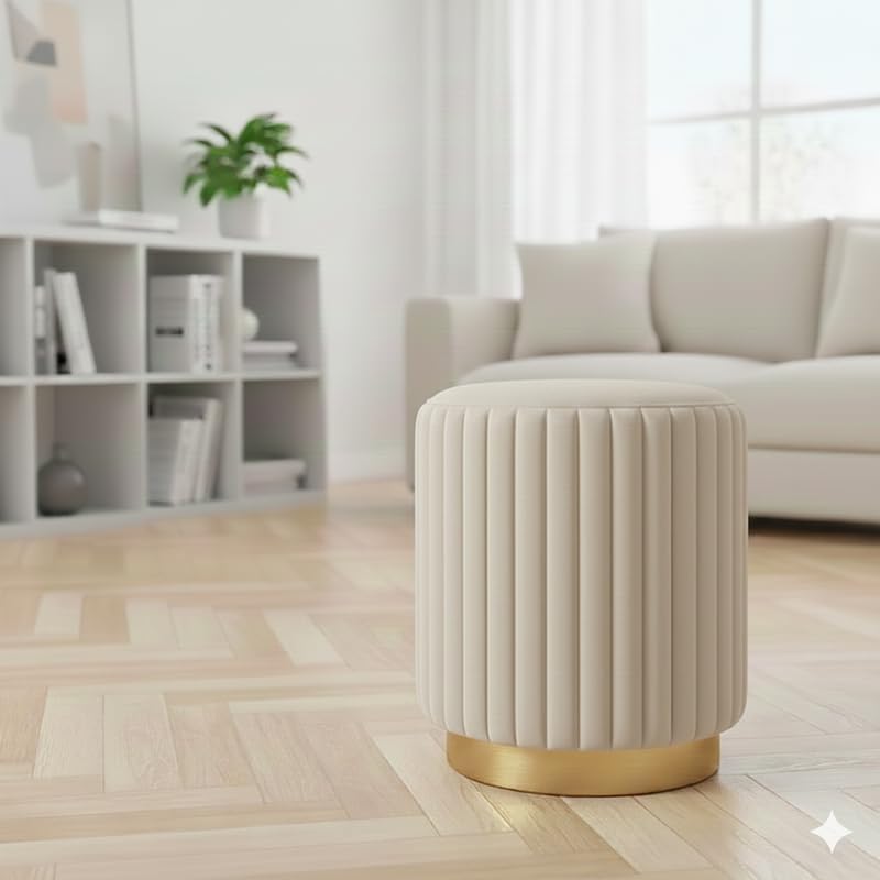 Image of Designer Velvet Round Footstool Ottoman with Sturdy Gold Metal Band Base for Home Decor & Extra Seating, Lightweight Pouf Stool for Sofa Side & Bedroom, 16x16x17 Inch (Cream)
