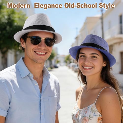 Image of Straw Fedora Hats for Men Women, 1920s Short Brim Trilby Panama Hat Summer Beach Sun Cap
