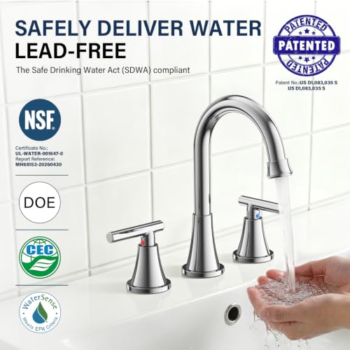 Image of Bathroom Faucet 3 Hole, Chrome Faucets with Pop-up Drain and Supply Lines | Hurran Stainless Steel Lead-Free Widespread Bathroom Sink Faucet for Vanity RV Restroom Laundry Outdoor Camper, 2 Pack