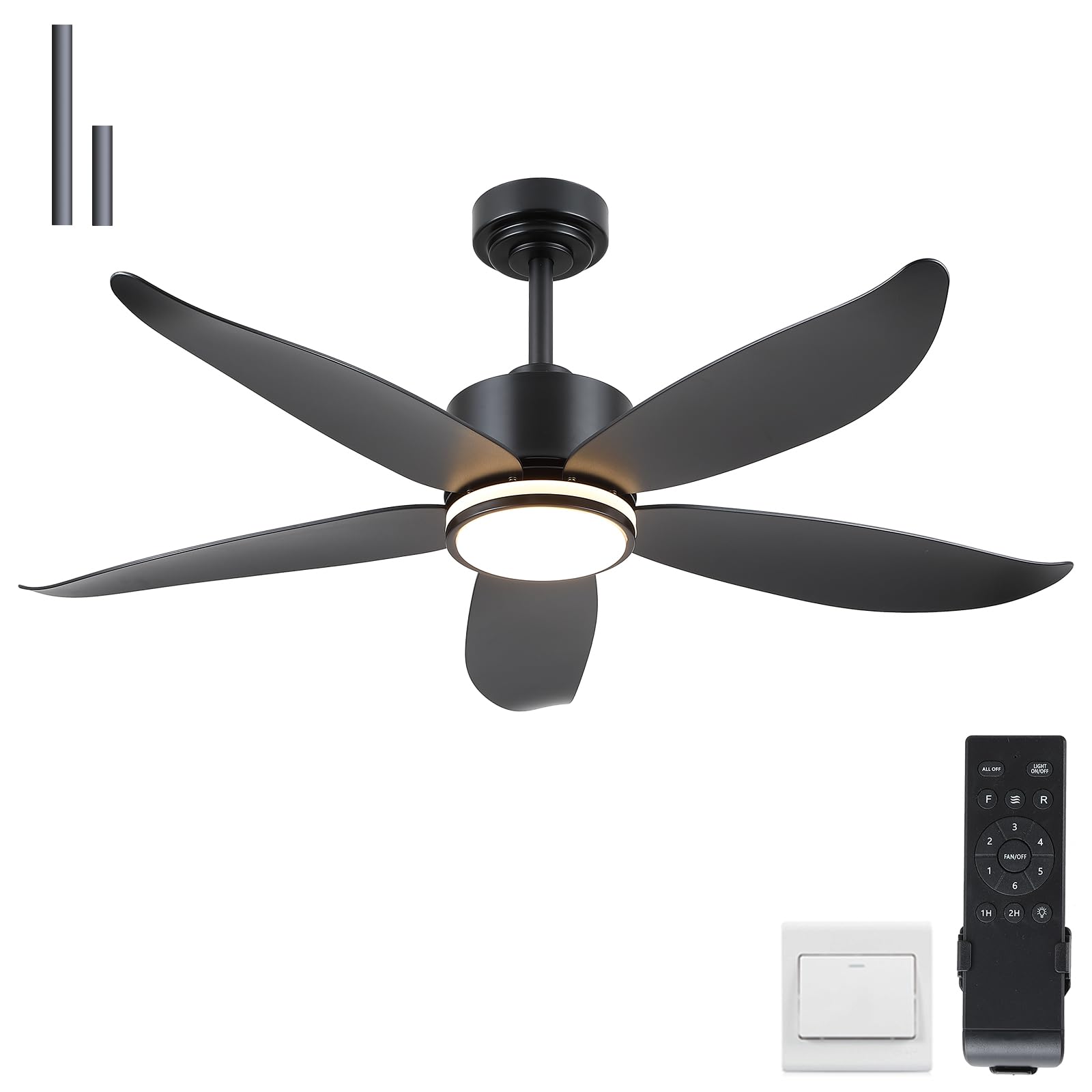 Kviflon 48" Ceiling Fans with Lights and Remote Control, Modern Ceiling Fan Light with 5 Reversible Blades 6 Speeds, 3 Colors Dimmable+Ring Lights, 2 Downrods for Bedroom Dining Room, Black