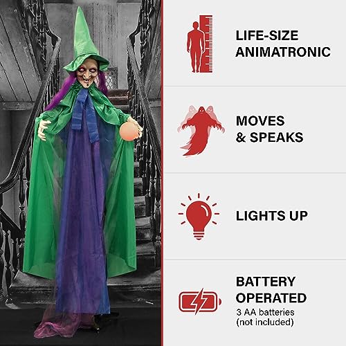 Haunted Hill Farm Talking Fortune Teller Witch Halloween Animatronic with Movement and Light-Up Crystal Ball for Scary Indoor or Covered Outdoor Halloween Decorations, Battery Operated Halloween Props