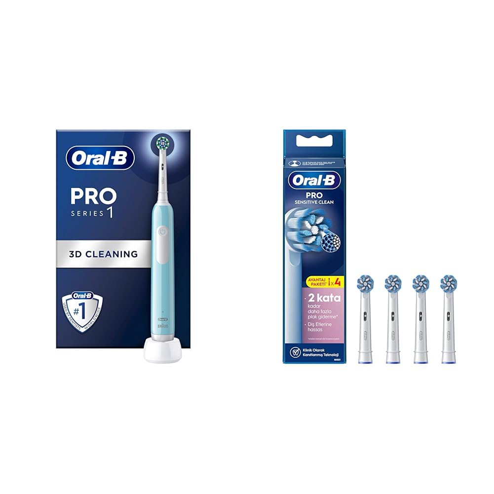 Oral-B Pro Series 1 Mavi Elektrikli Diş Fırçası, 1 Diş Fırçası Başlığı, Braun Tasarımı + Oral-B Sensitive X-Filament Şarjlı Diş Fırçası Yedek Başlığı 4 Adet