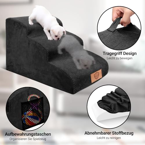 MASTERTOP Hundetreppe für kleine Hunde, Hundetreppe 3 Stufen aus Hochdichter Schwamm, rutschfest Tragbar Hunderampe Katzentreppe mit Tragegriff und Aufbewahrungstasche für Sofa Betten(Schwarz)