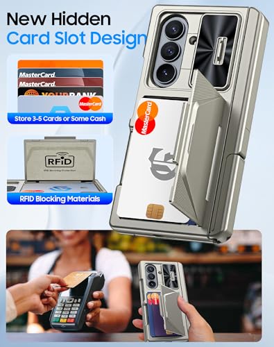 Image of for Samsung Galaxy Z Fold 7 Case with Card Holder RFID Blocking, Built in Slide Lens Cover & Hinge Protection & Kickstand & Screen Protector, Shockproof Wallet Case for Z Fold 7 (Titanium Gold)