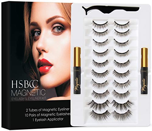 Updated 3D 6D Magnetic Eyelashes and Eyeliner Set- 2 Tubes of Magnetic Eyeliner & 10 Pairs Magnetic Eyelashes Kit-With Natural Look & Reusable False lashes -No Glue Need