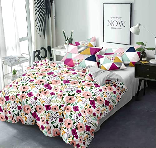 Image of Elastic Fitted Glace Cotton Single Bedsheet with One Pillow Covers (for 4-6 Inches Mattress) (Pink on White)