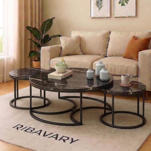 Image of Round Coffee Table Set of 3, Marble Laminated Accent Center Table with Sturdy Metal Base | Modern Foldable Nesting Stacking Tables for Living Room, Bedroom, or Apartments (Full Black)