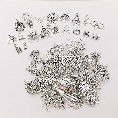 100pcs Tibetan Silver Halloween Charms Pendants Pumpkin Ghost Spider Skeleton Hands Bone Pendants for DIY Crafting Necklace Bracelet - Thumbnail 5