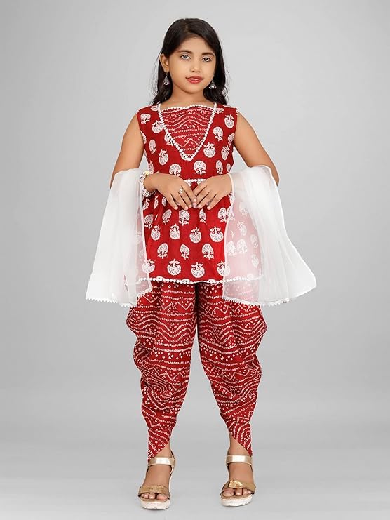 Image of Suhana Fashion Girls Dress Girls Cotton Kurti Top with Dhoti Kurta Set & Dupatta