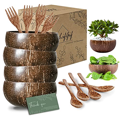 Lifgif Coconut Bowls with Wooden Spoons and Forks - Set of 4 - For Breakfast Salad, Smoothie Bowls, Buddha Bowls & Wood Acai Bowls Set - Wooden Salad Bowls - Vegan Coconut Shell Bowls