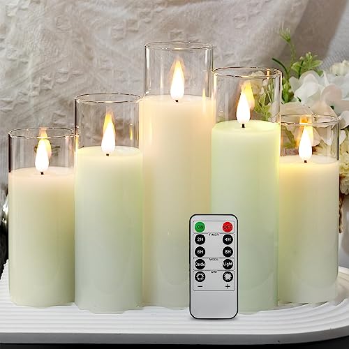 ACROSS Flickering Flameless Candles，5″ 6″ 7″ 8″ Pack of 5 Battery Operated Pillar Real Wax Moving Wick LED Glass Candle Sets with Remote Control Timer for Holiday Christmas Wedding Party