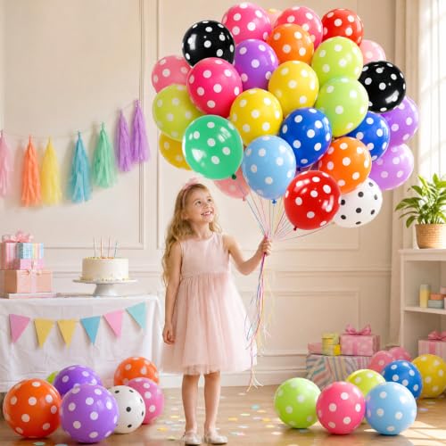 Image of TONIFUL 100 Pack Multicolor Polka Dot Latex Balloons - 12 Assorted Colors Balloon for Rainbow Birthday Carnival Baby Shower Anniversary Wedding Party Decorations