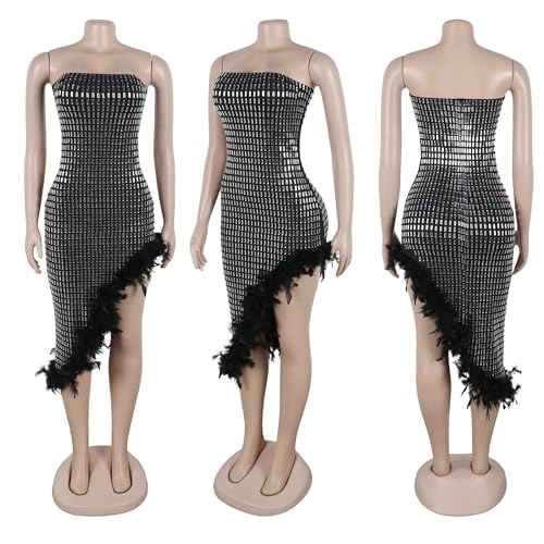 Image of Jigfar Women Sexy Elegant Rhinestone Mesh See Through Party Club Night Split Bodycon Formal Maxi Dress
