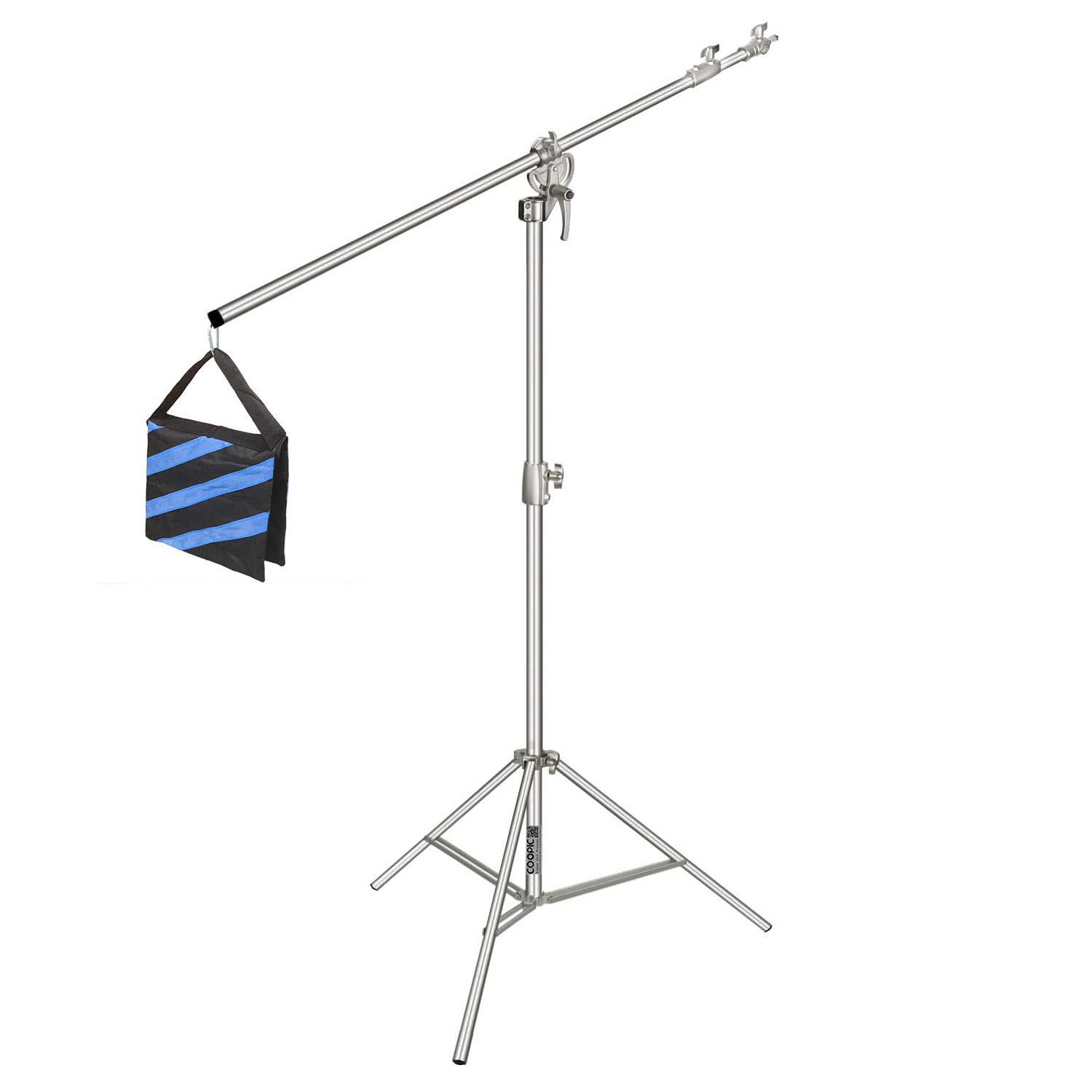COOPIC L380 Stainless Silver Photo Studio Two way Light Stand Max Height 385cm and 119-216cm Adjustable Boom Arm Includes Blue Sandbag for Supporting Umbrella Softbox Flash for Portrait Video Light