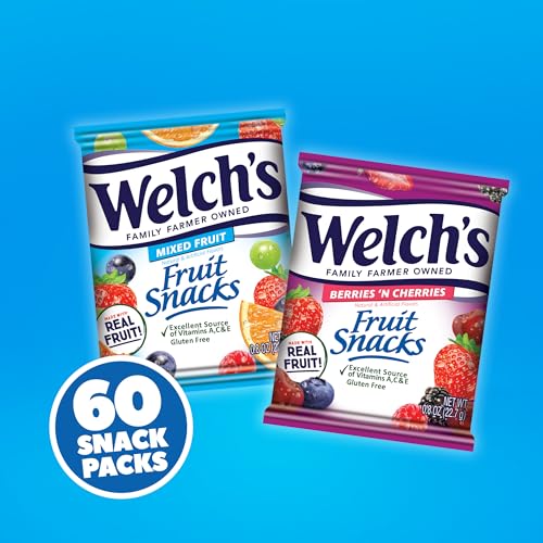 Welch's Fruit Snacks, Mixed Fruit & Berries 'N Cherries Variety Pack, Great for School Lunches, Bulk Pack, Individual Single Serve Bags, 0.8 oz (Pack of 60)