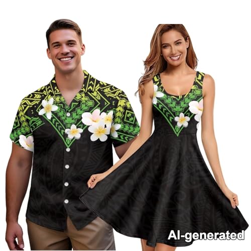 Image of Hawaii Matching Couple Outfits Husband and Wife Clothing Fashionable Mens Casual Shirts Hawaii Dress with Soft Fabric