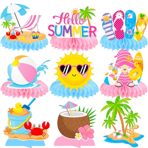 Summer Party Honeycomb Centerpieces 12Pcs Hello Summer Birthday Party Decorations Beach Pool Table Ccenterpiece Summer Table Decorations for Summer Hawaii Themed Birthday Party Supplies