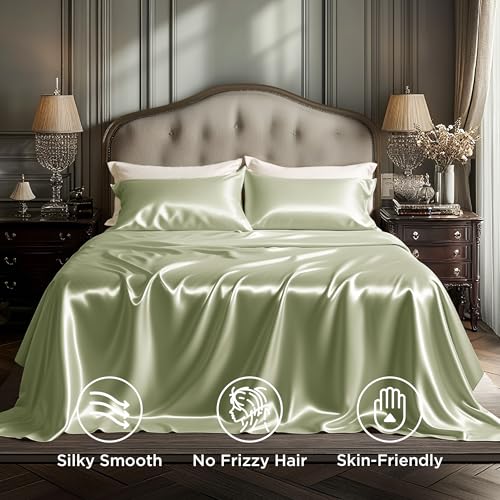 Image of Bedsure Green Satin Sheets King Size, Soft Silky Bedsheets for Hair & Skin | Similar to Silk Bed Sheets Set 4 Piece with 15 Inches Deep Pocket Fitted Sheet,1 Flat Sheet, 2 Satin Pillowcases