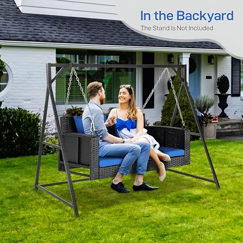 Image of Patio Outdoor Double Seater Swing Chair Without Stand for Balcony, Garden | Weather Resistant Rattan & Wicker Hammock Jhula for Adults | Outdoor Sofa Swing (Black and Blue)