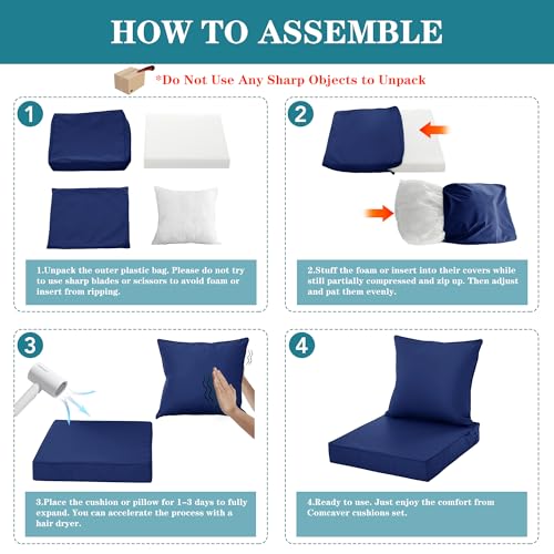 Comcaver PFCA-2424-NAVY Outdoor Chair Cushions 24X24 Inch, Waterproof Fade Resistant Deep Seat And Backrest Cushion Set For Patio Furniture thumb #6