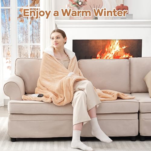 Electric Wearable Blanket Heated Blanket with Hood and Pocket, Flannel & Sherpa Electric Snuggle Throw Blankets, 6 Heating Levels Setting & 4 Hours Auto Shut Off,40 * 70",Machine Washabl(Shrot, Beige)