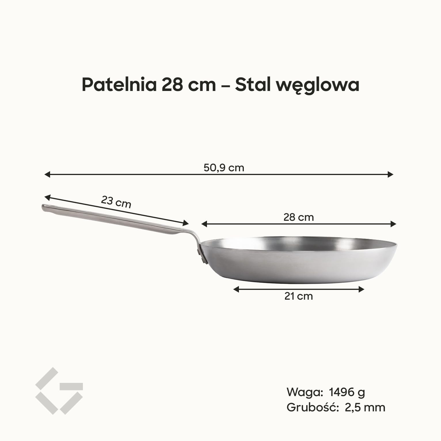 Gastrotools Patelnia ze stali węglowej 28 cm – naturalna powłoka | Bez PFAS • Do piekarnika do 650°C • Uchwyt CoolGrip • Do indukcji, gazu, ceramiki i ognia • Wyprodukowano we Włoszech