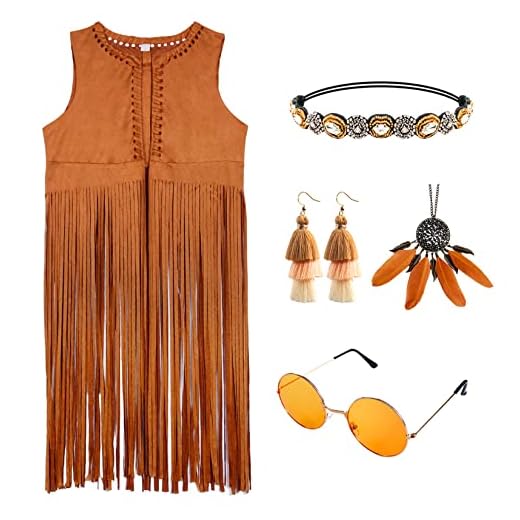 Alaiyaky Ropa hippie para mujer, sin mangas, chaleco de los años 60 70, ropa para mujer, hippie, bolero, carnaval, disfraz hippie, disfraz hippie, 6 unidades (mujer, L)