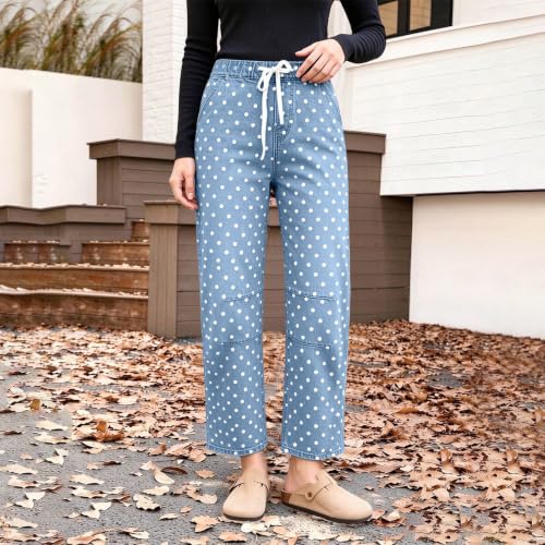 Pull On Sweatpant Jeans Women Polka Dot Barrel Pants Drawstring Denim Pants - image 5