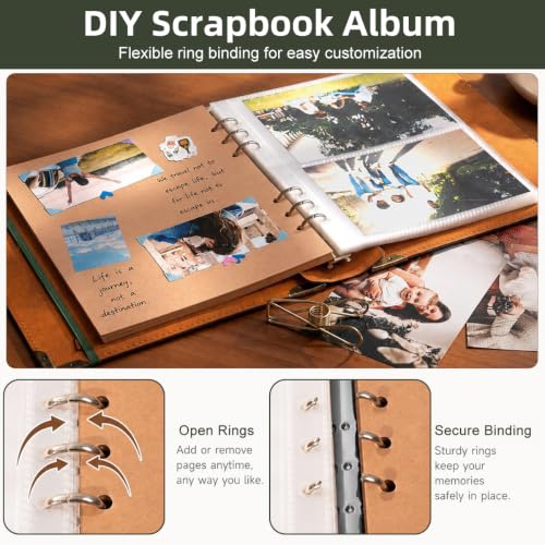 Image of HASTHIP Vintage Photo Album 4x6 Leather Scrapbook Album with Writing Space Refillable Memory Book Tree of Life Design for Travels Anniversary Family Keepsakes