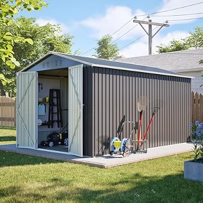 Roomfitters Lockable Secure Metal Shed 8x12 FT, Large Outdoor Storage House with Aluminum Frame, Durable Weather-Resistant Garden Tool Shed for Backyard, Patio and Lawn, Gray