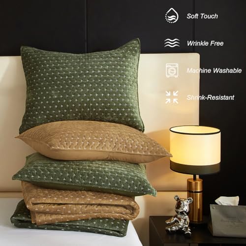Powdion Velvet Quilt Queen, Oversized Bedspread Quilted Bedding Set, Luxurious Soft Coverlet Set Lightweight Velvet Comforter with 2 Pillow Shams, Gold Caramel, Cross Stitch Striped Quilt Queen