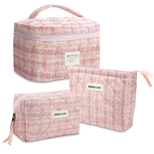 Carttiya 3 Piezas Neceser Mujer de Viaje, Poliéster Neceser Maquillaje Viaje Cosmetic Bag, Neceser Mujer Grande para Mujeres y Niña (Rosado)