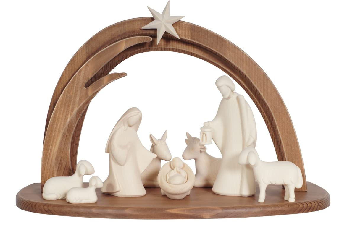 Weihnachts-Set aus Holz, Krippe aus Holz mit Hütte im modernen Stil, hergestellt im Gardena-Val, natürliche Version (Höhe Josef 13 cm)