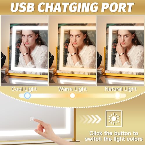 FENNIO Vanity Mirror with Lights 22''x18'' Makeup Mirror with Lights,Lighted Makeup Mirror with 10X Magnification and USB,Smart Touch Screen with 3-Color Lighting,Dimmable(Square Gold)