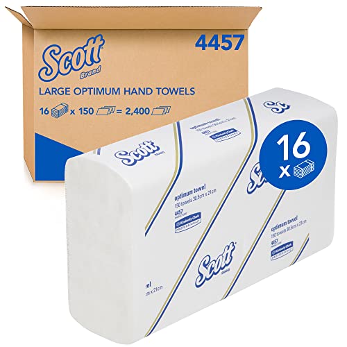 SCOTT Large Optimum Hand Towels (4457) with Airflex Technology, High Absorbency & Fast Hand Drying- Folded Paper Hand Towels, White - 16 Packs / Case, 150 Hand Towels / Pack (2,400 Towels)