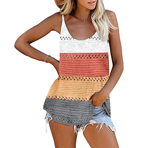 iMixCity Débardeur à Blocs de Couleurs pour Femmes Décontracté Col en V en Tricot Chemise sans Manches Ample évider Camisole(A1# Rouge, M) Cover