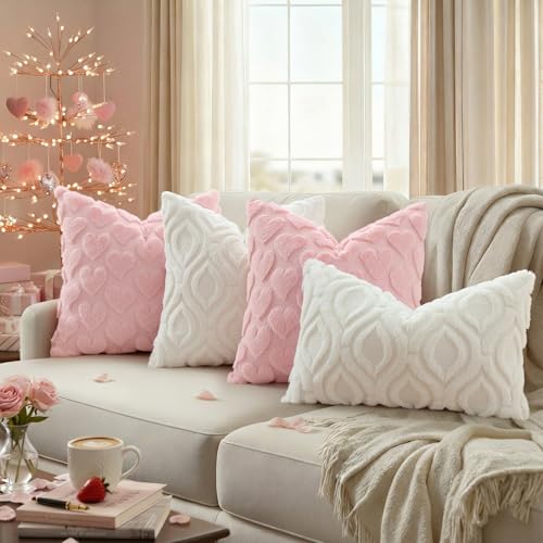 Image of decorUhome Valentine's Day Soft Plush Throw Pillow Covers 20x20 Inch Set of 2, Faux Fur Pink Heart Decoration Neutral Square Pillow Covers for Couch Sofa Bed Cozy Farmhouse Holiday Decor