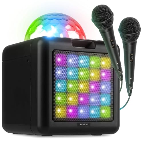 Fenton KAR15B Enceinte Karaoké Enfant Bluetooth sur Batterie avec 2 Micros - Noir, Boule Disco &...