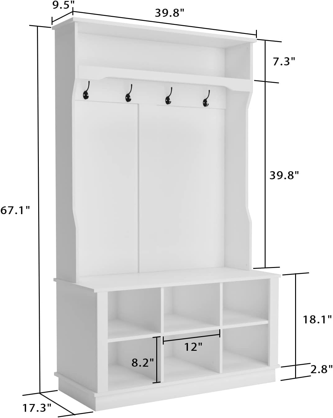 AIEGLE Hall Tree with Bench and Shoe Storage, 3-in-1 Entryway Hall Tree with Coat Rack, 6 Shoe Storage Cube and 4 Hanging Hooks, White (39.8" L x 17.3" W x 67.1" H)