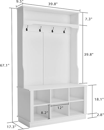 Miniatura 7 de Homsee Moderno árbol de pasillo con banco de almacenamiento, banco de entrada 4 en 1 con perchero, árbol de pasillo alto con 4 ganchos de metal,