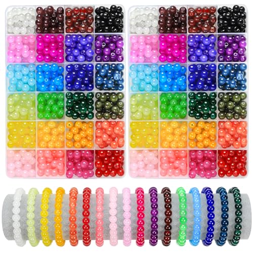 960pcs Round Glass Beads for Bracelet Making Kit, 24 Colors 8mm Imitative Jade Crystal Gemstone Beads for Jewellery Making Bracelet Necklace Phone Lanyard DIY Crafts