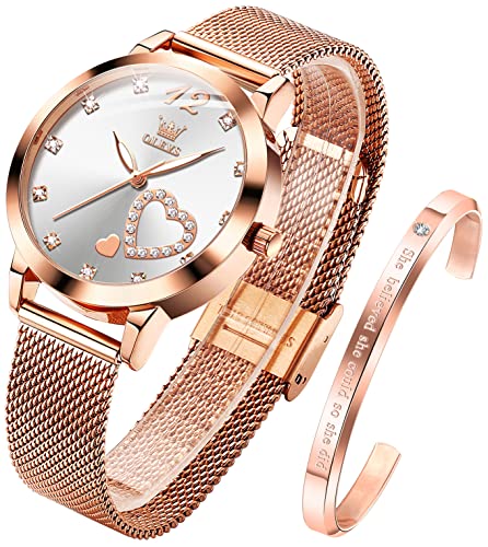 OLEVS Womens Watch Gift Set avec Bracelet Rose Gold Blanc Ladies Minimaliste Minimaliste Slim Robe DéContractéE Analogique Montre à Quartz ImperméAble
