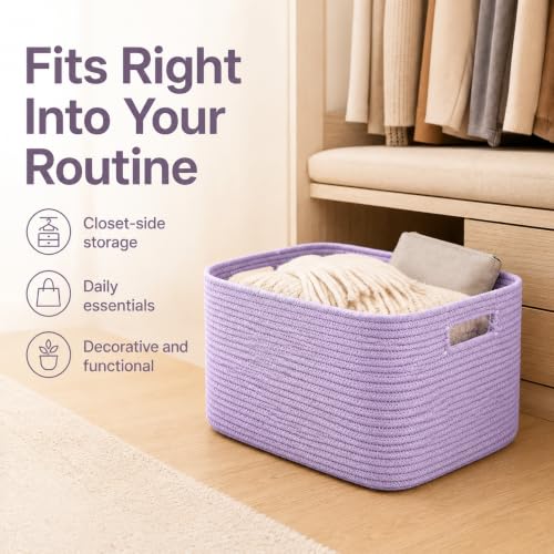 Image of 25.4GAL Collapsible Cotton Rope Extra Large Storage Basket For Bedroom Closet, Boho Rectangular Big Short Hamper Woven Storage Baskets for Living Room Throw Pillows Blankets Dirty Clothes, Lavender