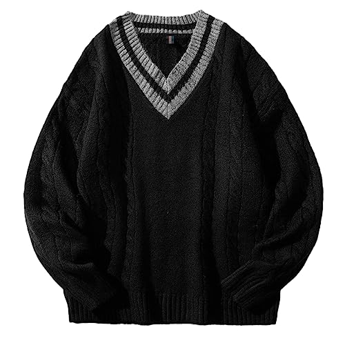 Men's Winter Knitted Sweater Oversized Black Pullover V Neck Vintage Striped Knitwear