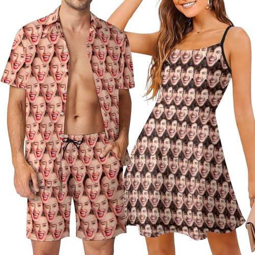 Custom Seamless Face Matching Couple Hawaiian Set Beach Dresses Personalized Men's Shirt Shorts Women's Summer Spaghetti Strap Dress Swimsuit Cover Ups Sling Skirt